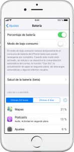 Pantalla ajustes batería iOS 11