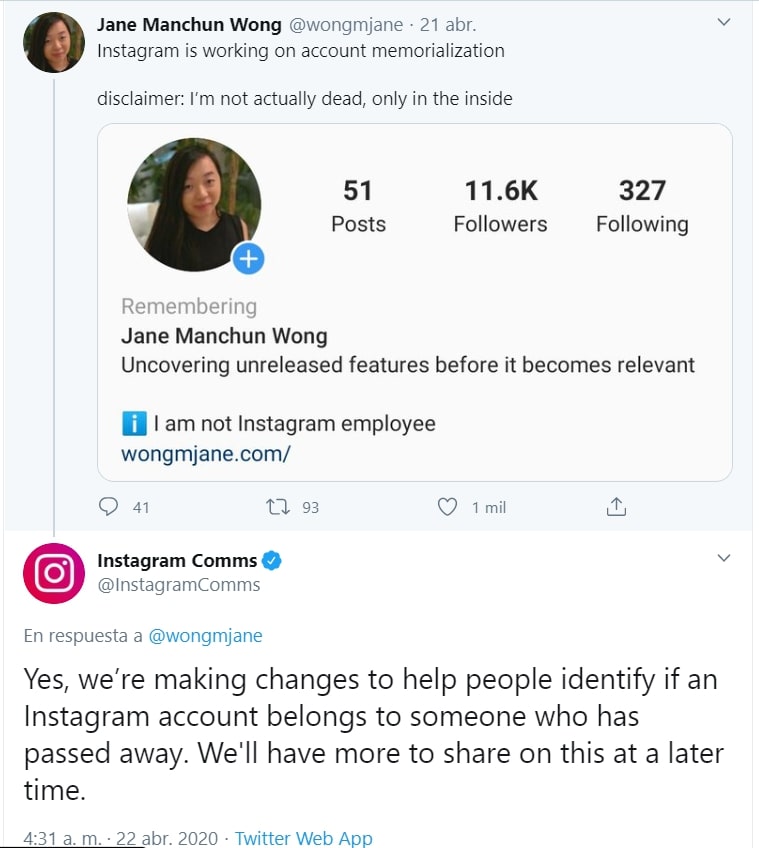 Muestra de como quedará el perfil de los usuarios fallecidos de Instagram, y confirmación del equipo de relaciones públicas.