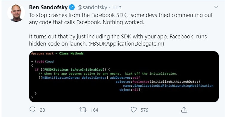 SDK de Facebook crea un error en las aplicaciones cuyos desarrolladores utilizan facebook para el lanzamiento.