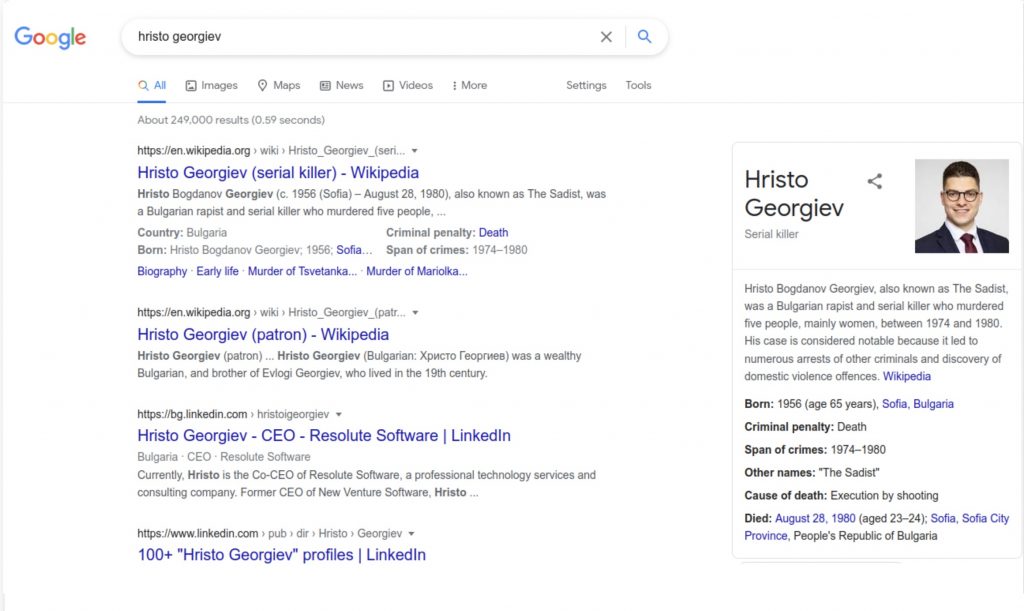 IA de Google combina la foto de un ciudadano suizo con el perfil del asesino Hristo Georgiev.